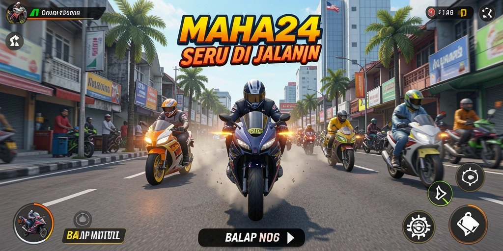 Screenshot utama MAHA24 yang menunjukkan aksi balapan motor yang seru.