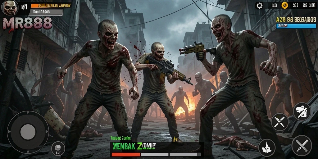Tampilan antarmuka permainan MR888 saat melawan zombie.